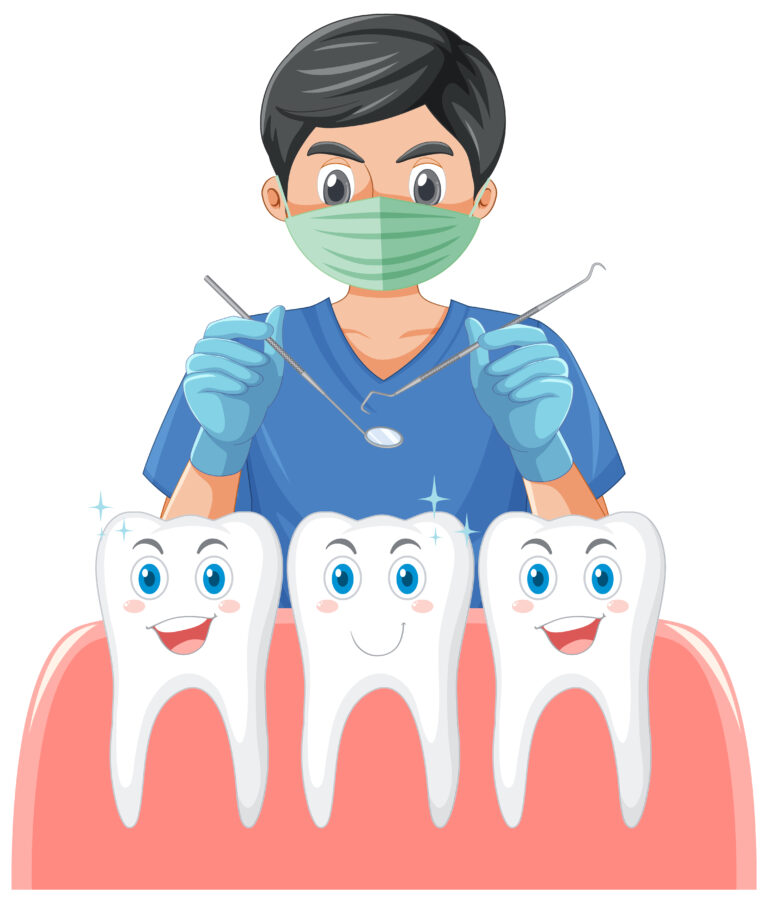 Dentist holding instruments and examining teeth on white backgro